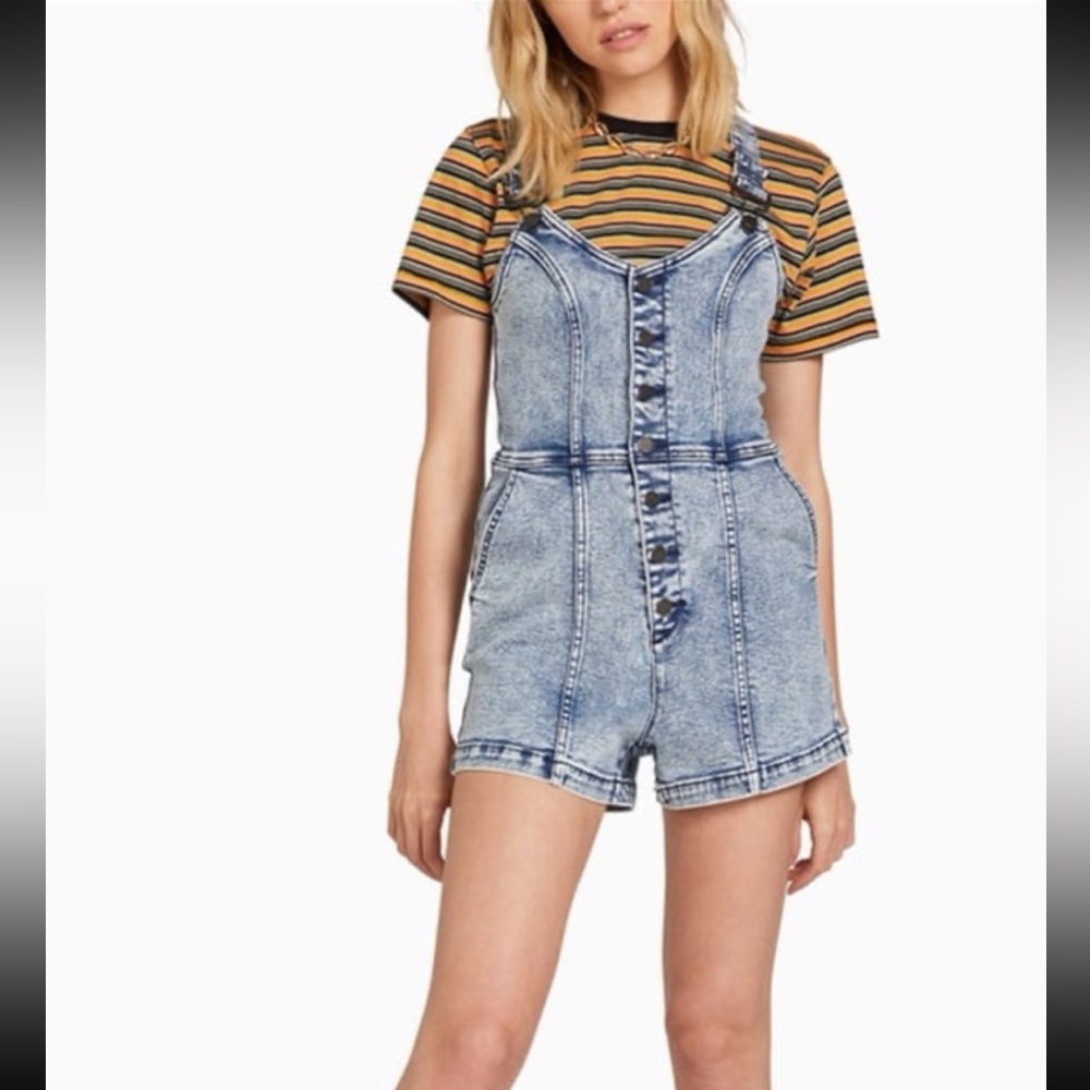 Volcom Denim Acid Wash Liberator Two Jean Romper Medium Shortalls